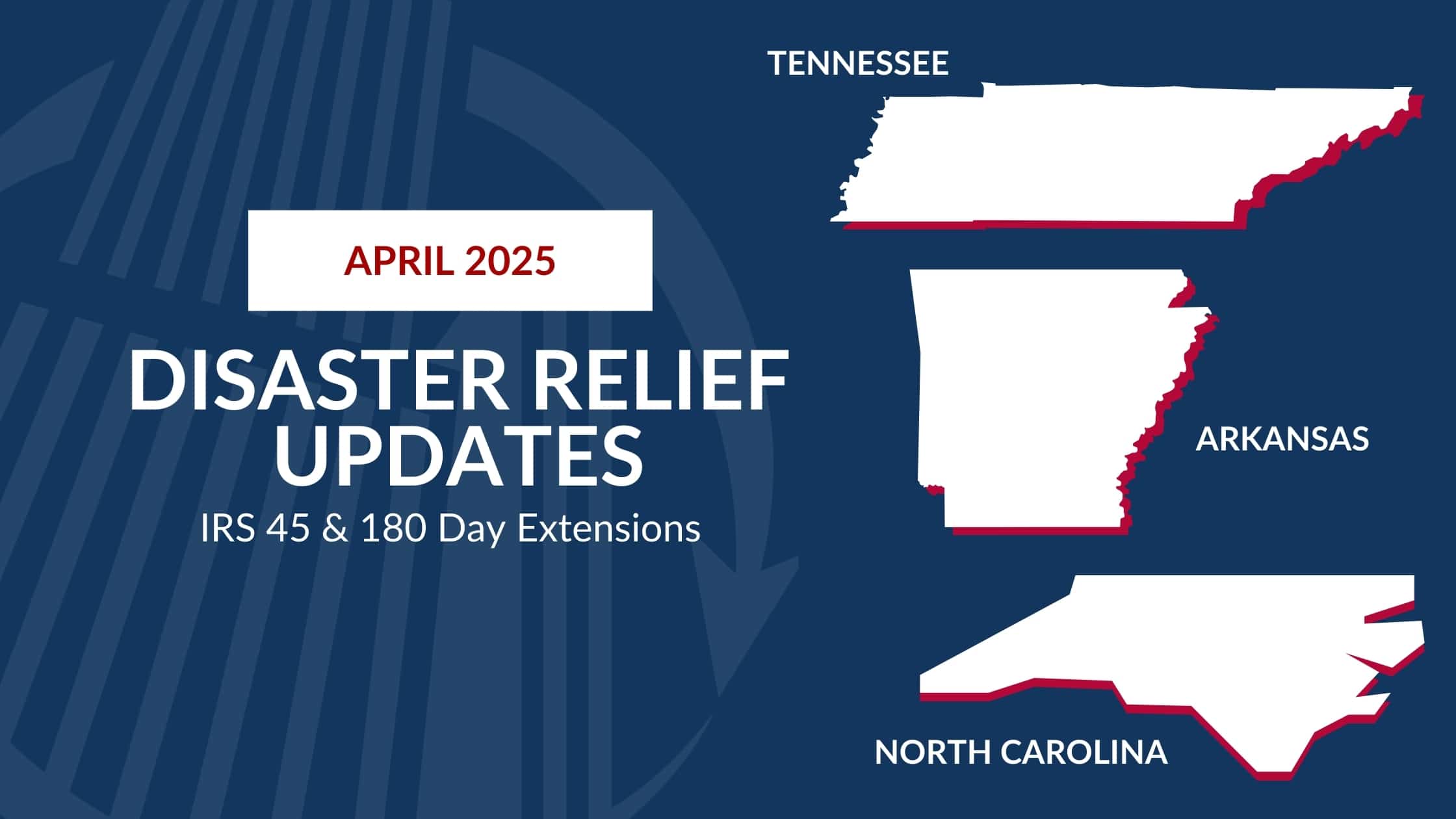 April 2025 IRS disaster relief update for Tennessee, Arkansas, and North Carolina 1031 exchanges